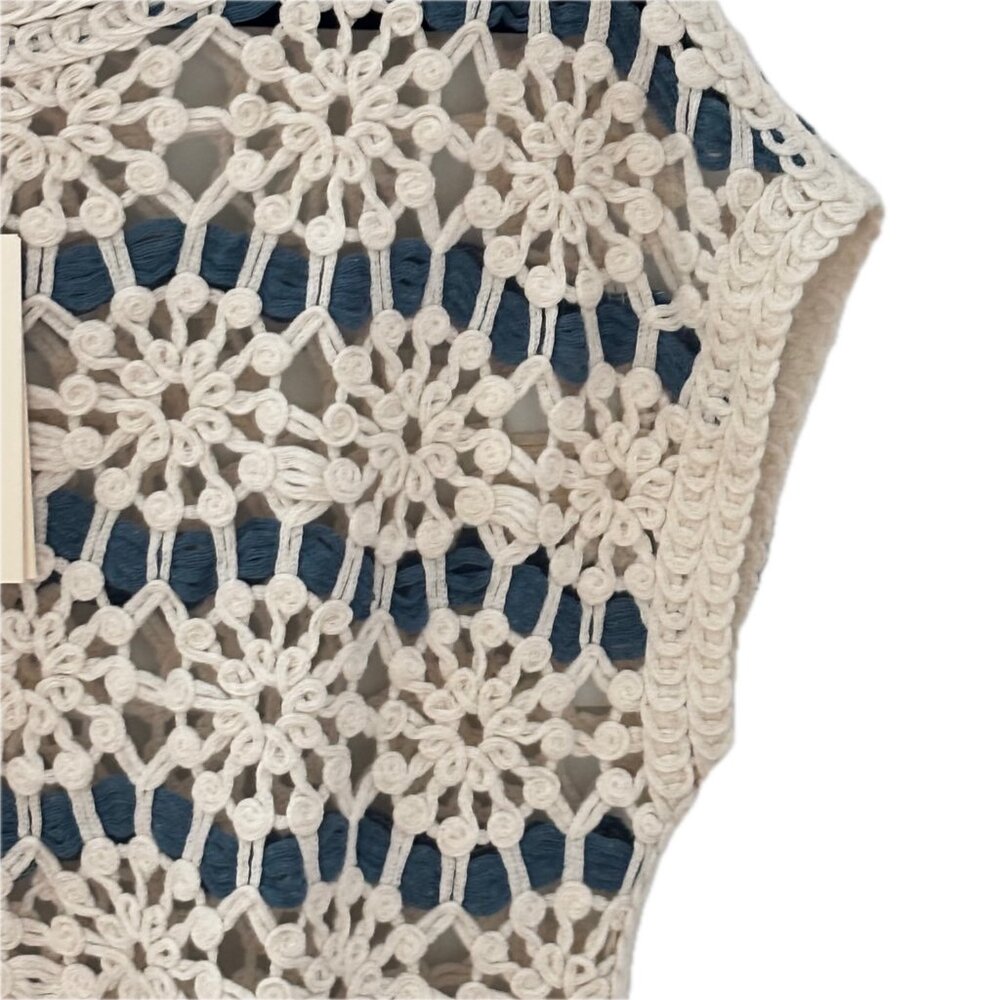 Solitaire Crochet Pullover Top Women's Sz M Round Neck Cap Sleeves Floral NWT - Picture 6 of 10